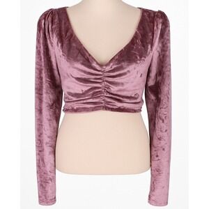 WAYF Velvet Ruched Crop Top Women's Small Mauve Pink Long‎ Sleeve V-Neck NWT